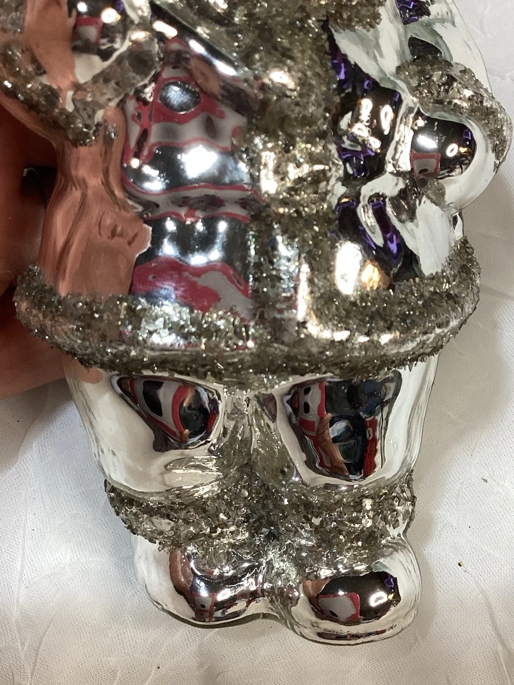 Silver Mercury Glass Glitter Santa Ornament Red Velvet Ribbon 5.5